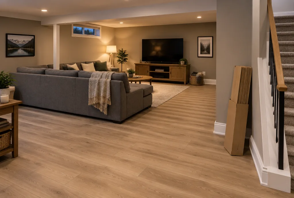 A finished basement with new light-oak plank flooring, furniture back in place, a box of spare planks by the stairs.