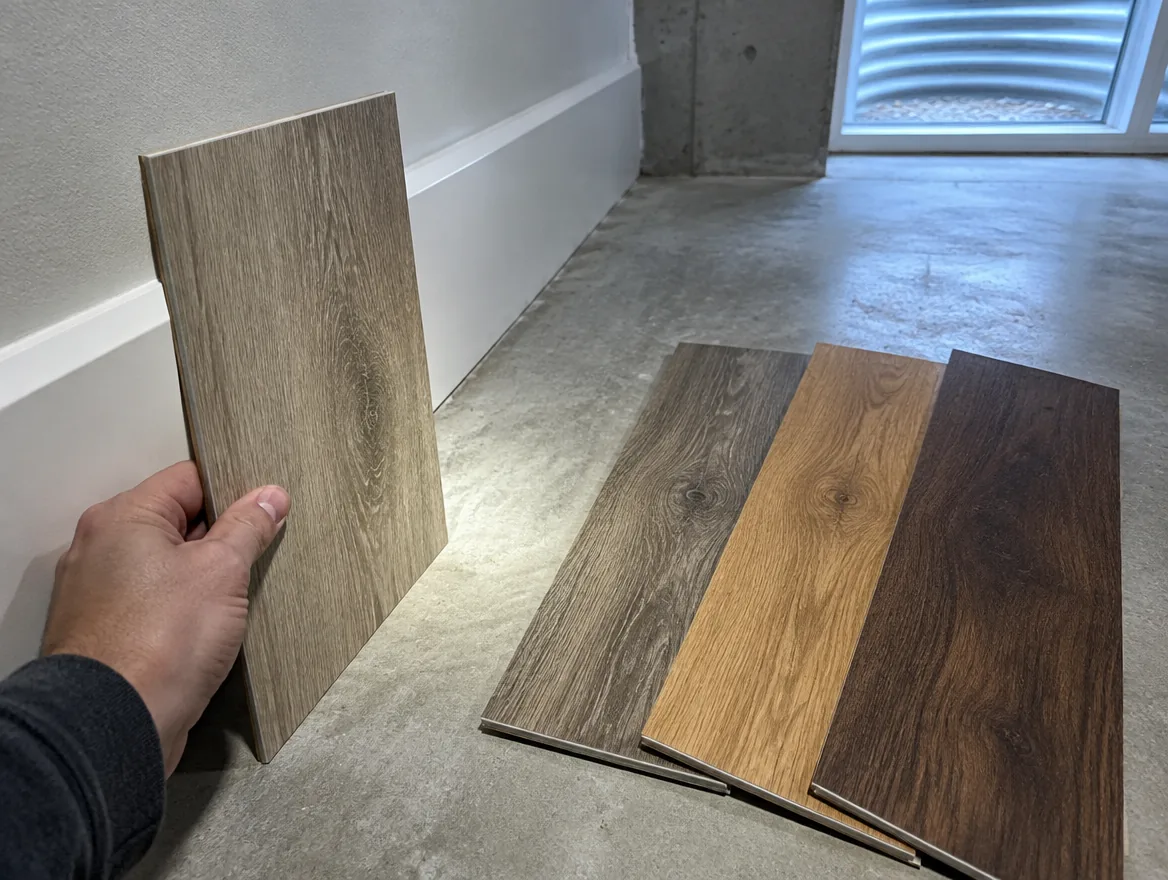 A hand holding a plank sample against a basement baseboard, three more samples on the concrete.