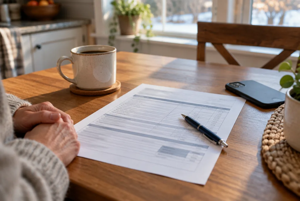 An itemized quote on a kitchen table with a coffee and a pen.