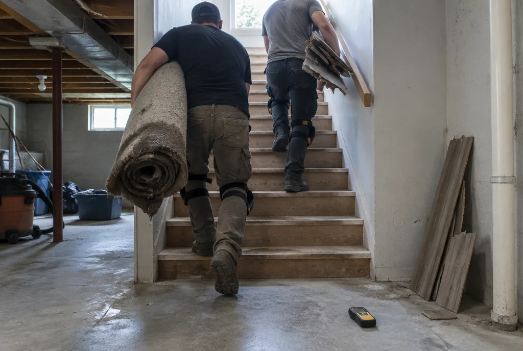 Two installers carrying out wet carpet and broken planks up a basement staircase.